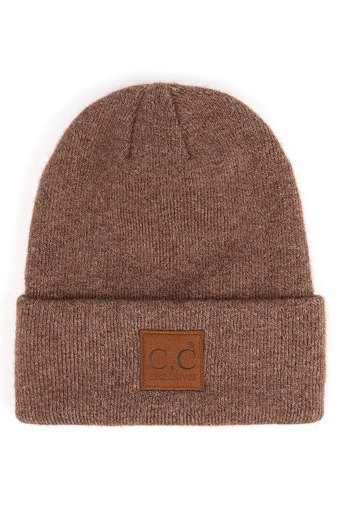 C.C Heather Knit Suede Patch Beanie Winter Hat