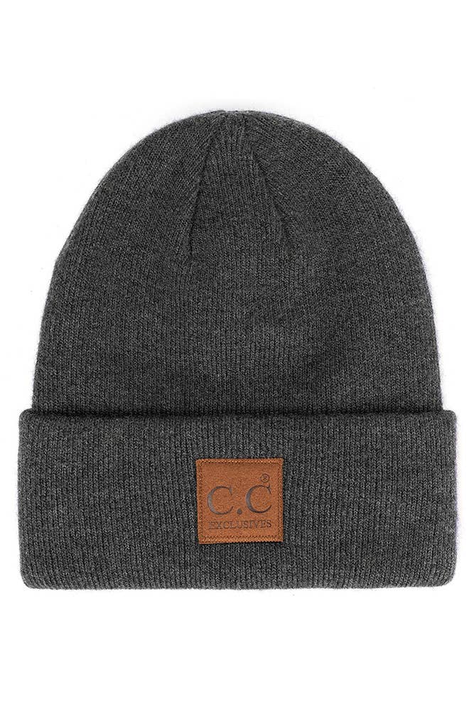C.C Heather Knit Suede Patch Beanie Winter Hat