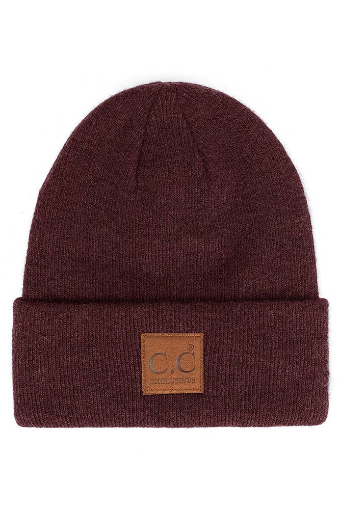 C.C Heather Knit Suede Patch Beanie Winter Hat