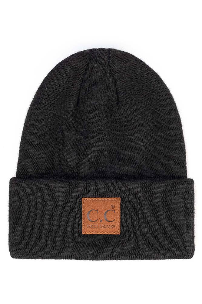 C.C Heather Knit Suede Patch Beanie Winter Hat