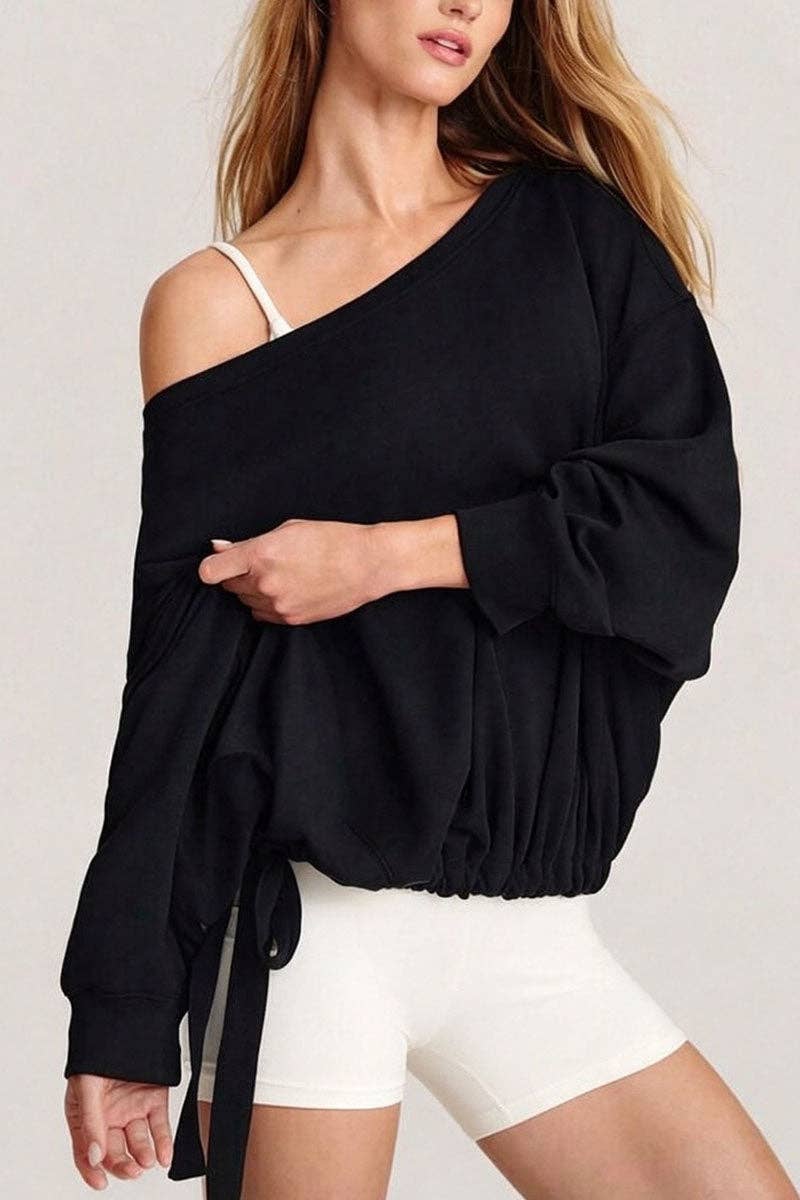 One-Shoulder Ruched Tie Side Sweatshirt
