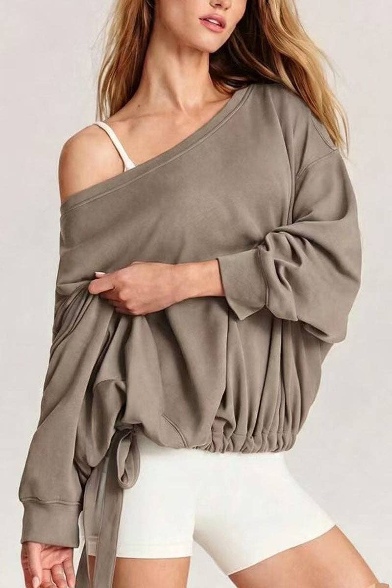 One-Shoulder Ruched Tie Side Sweatshirt